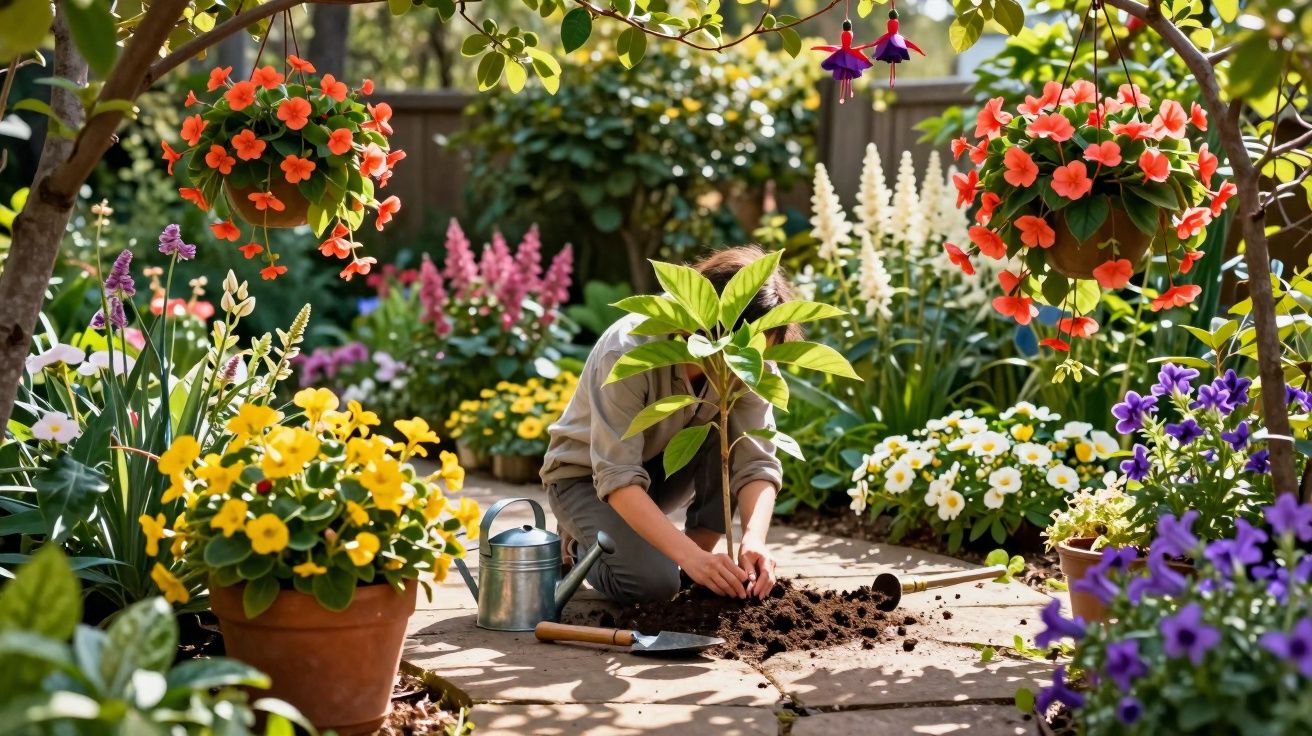 Person planting a small tree surrounded by colourful flowers in a sunny garden.