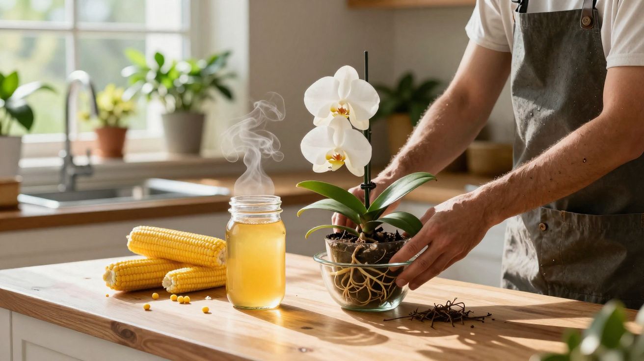 Person repotting a white orchid on a wooden kitchen table with corn and a steaming jar nearby.