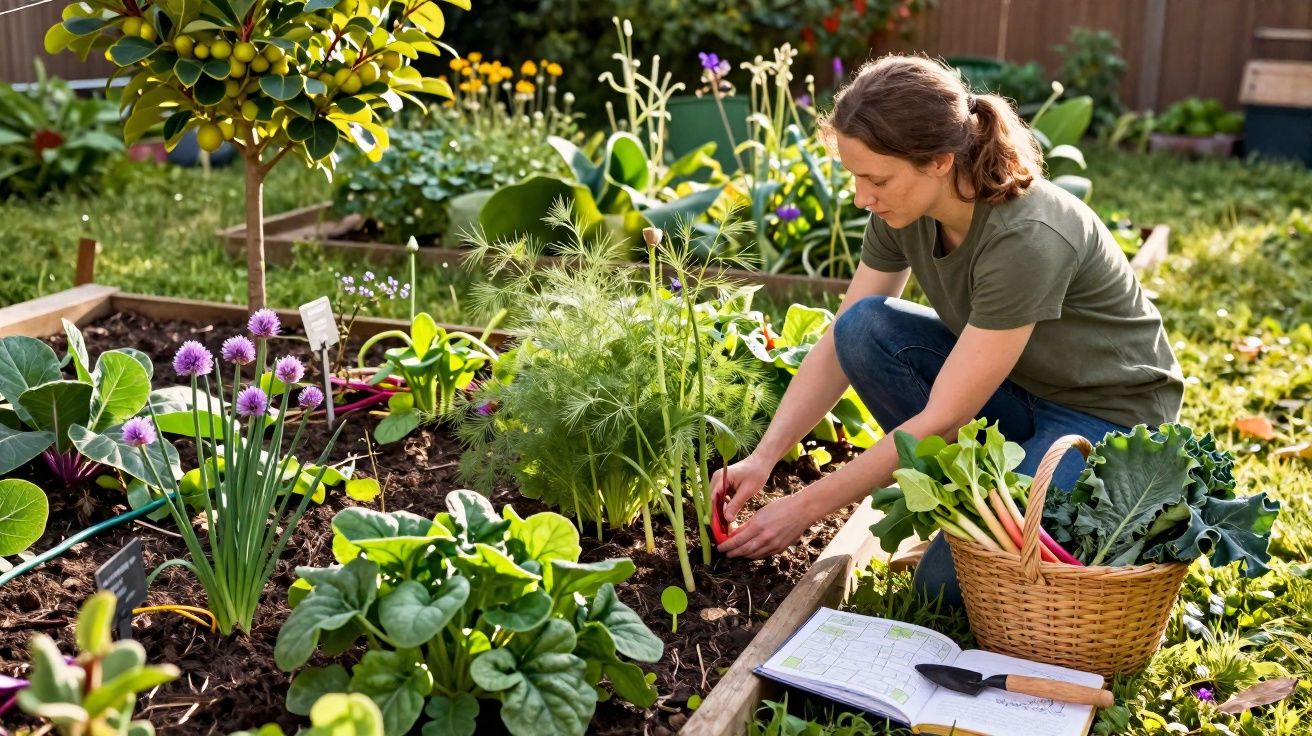 Woman tending to plants in a raised garden bed with a basket of harvested vegetables nearby.