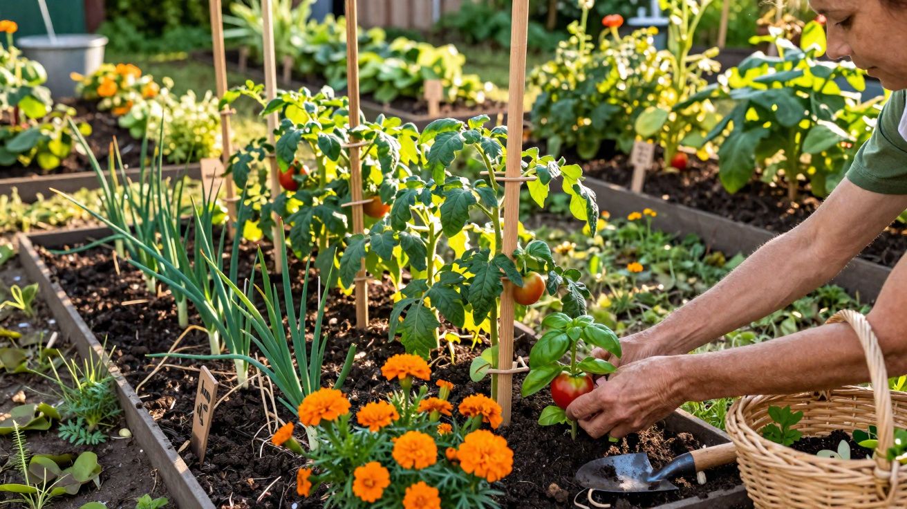 Person harvesting ripe tomatoes from a raised vegetable garden with marigold flowers in sunlight.