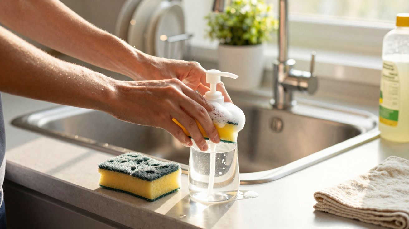 Person pressing liquid soap onto a kitchen sponge next to a stainless steel sink and drying cloth.