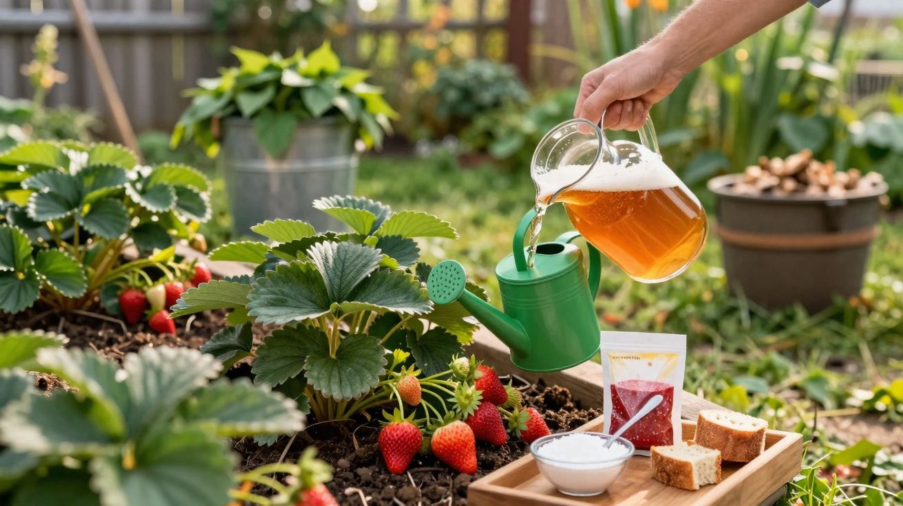 Hand pouring beer from jug into green watering can to water strawberry plants in garden patch.