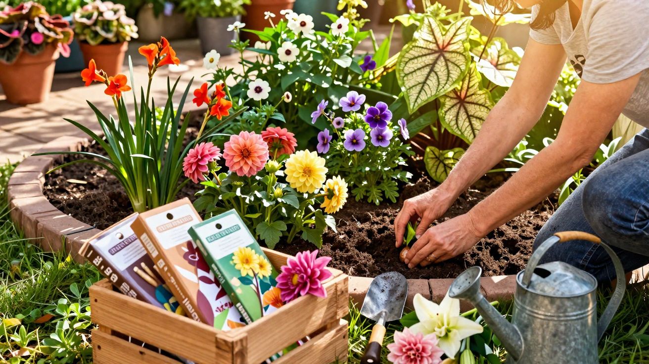 Person planting flowers in a garden bed surrounded by gardening tools and seed packets in a wooden crate.