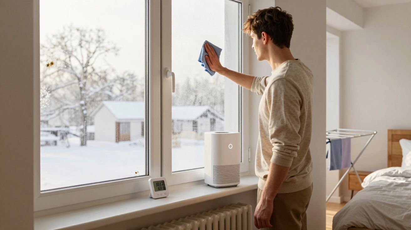 Young man cleaning frosted window inside cozy bedroom on a snowy winter day