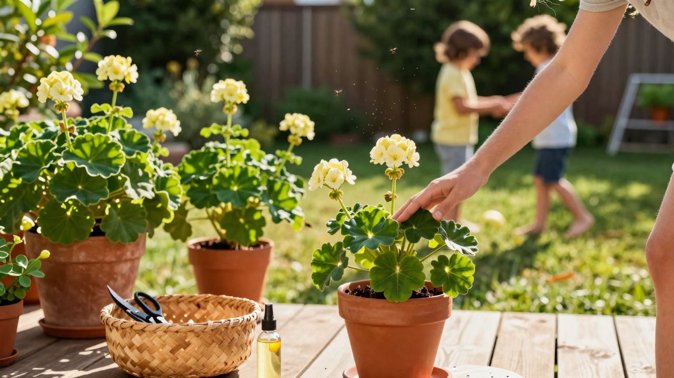 Hand tending to flowering potted plants on a wooden table in a sunny garden with children playing in the background.