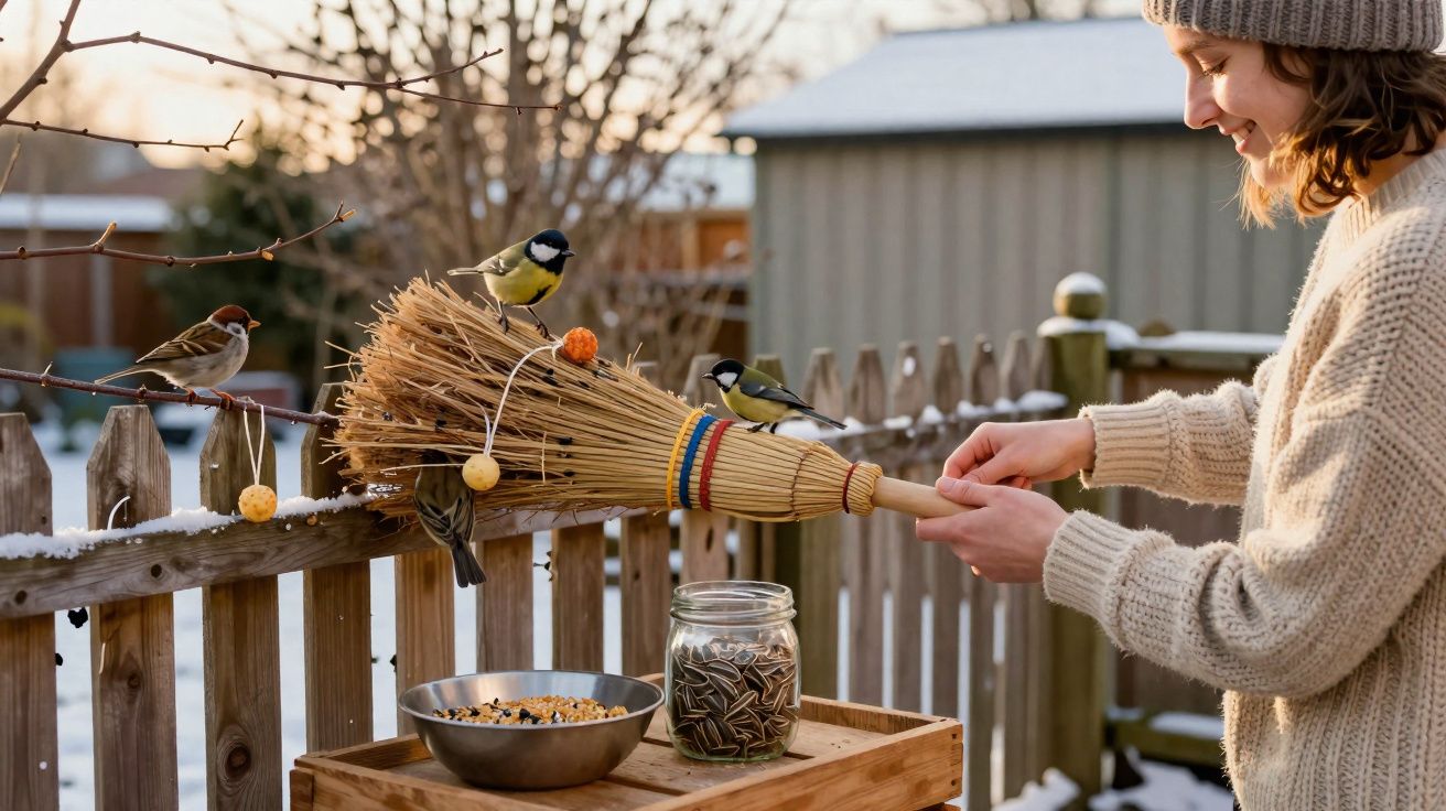 Woman feeding small birds with birdseed on a broom outdoors in a snowy garden in winter.