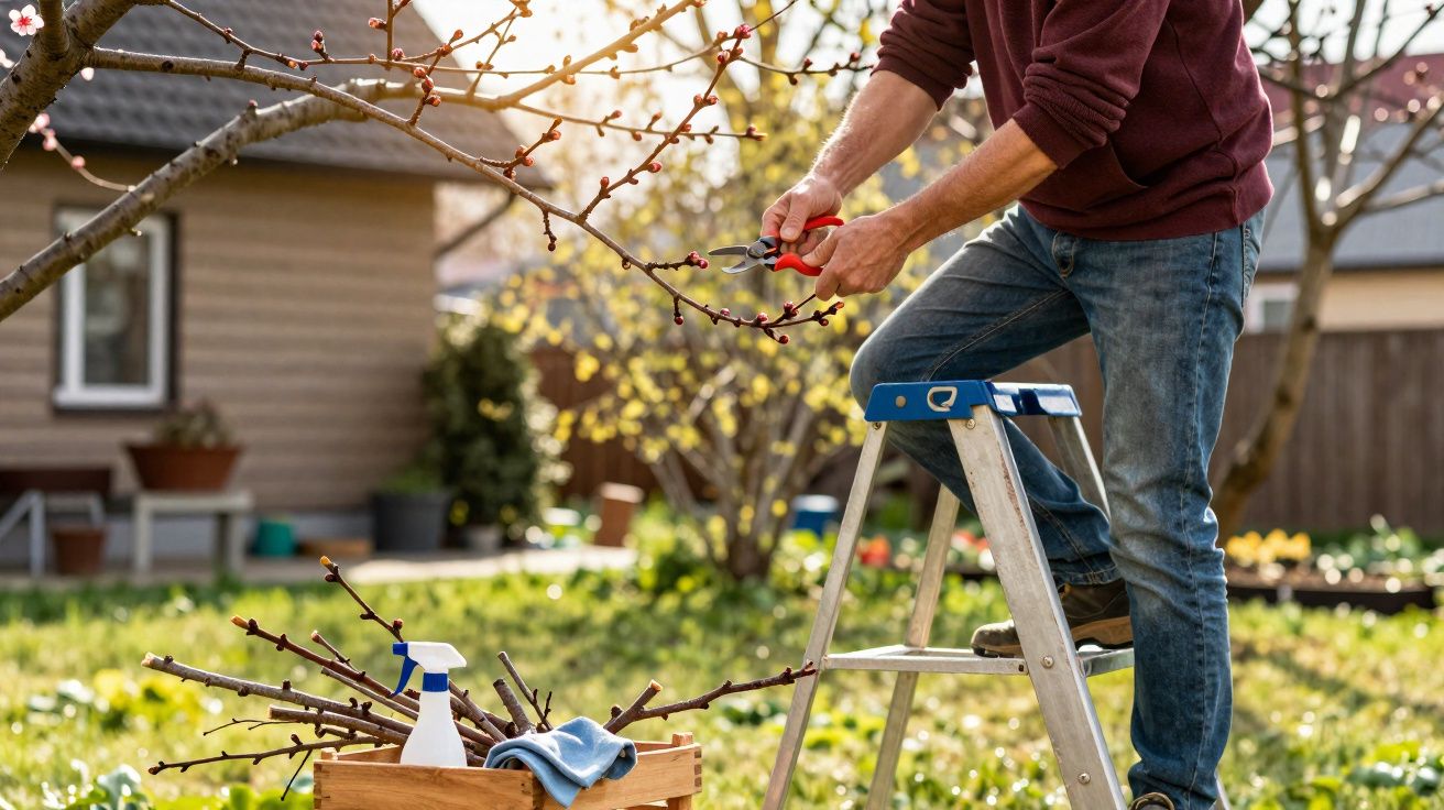 Person pruning a blossoming tree branch while standing on a step ladder in a garden during spring.