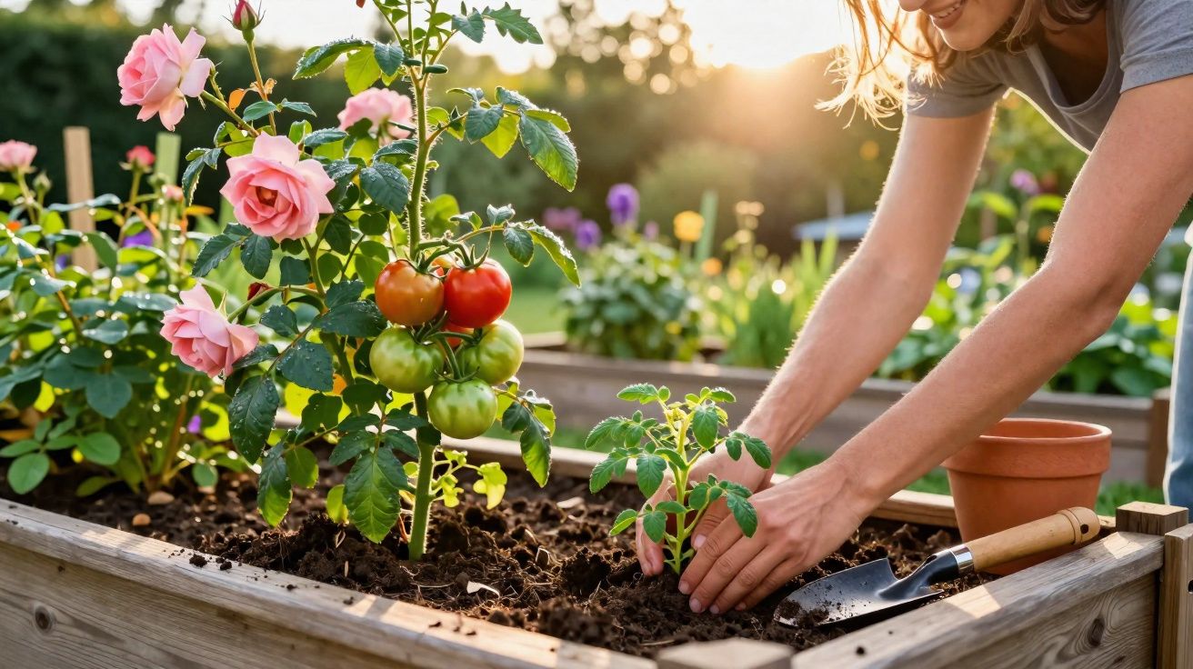 Person planting tomato seedling in raised garden bed with blooming pink roses at sunset.