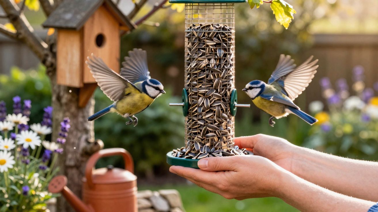 Two blue tits flying to a bird feeder filled with sunflower seeds in a garden.