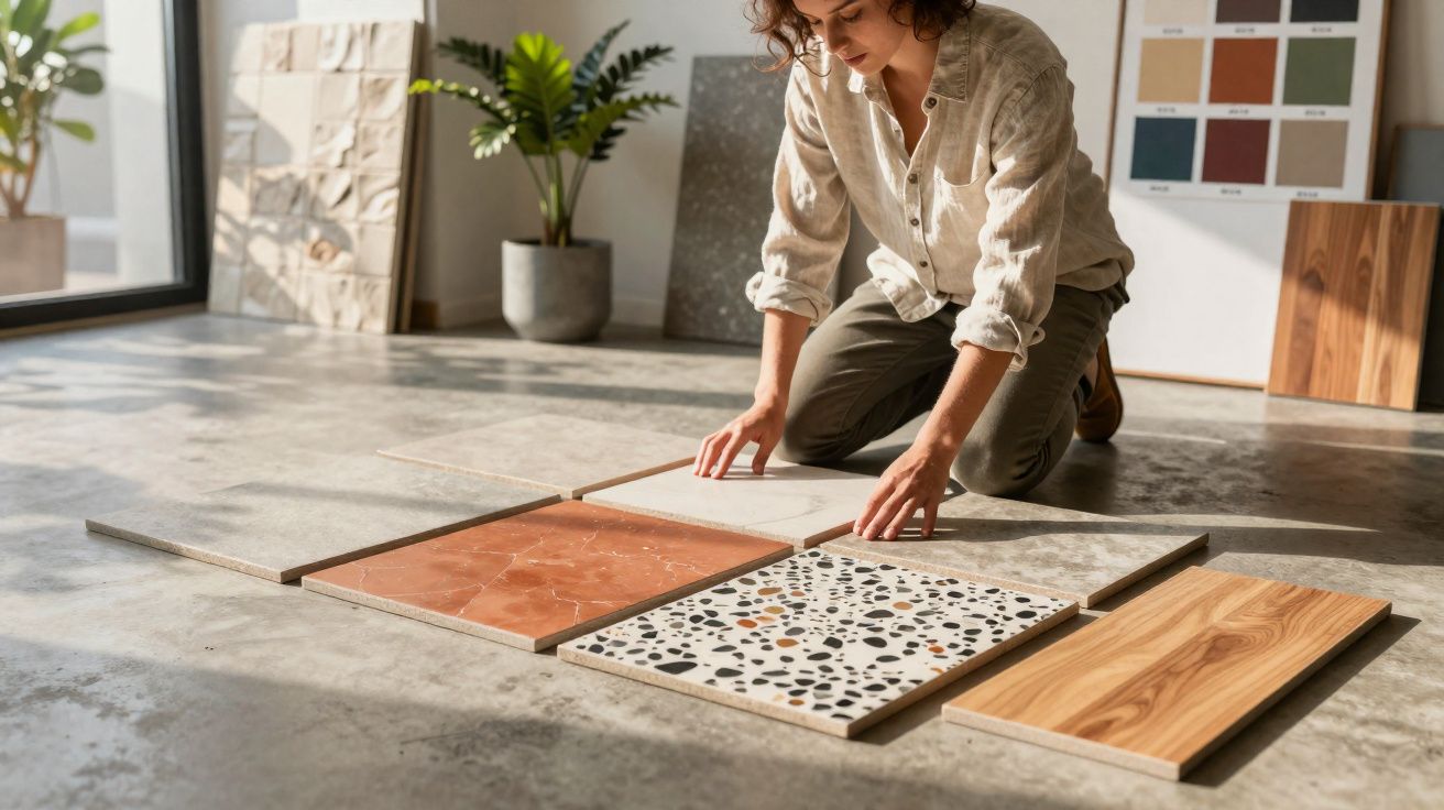 Person kneeling indoors arranging various patterned and textured floor tiles on a concrete surface.
