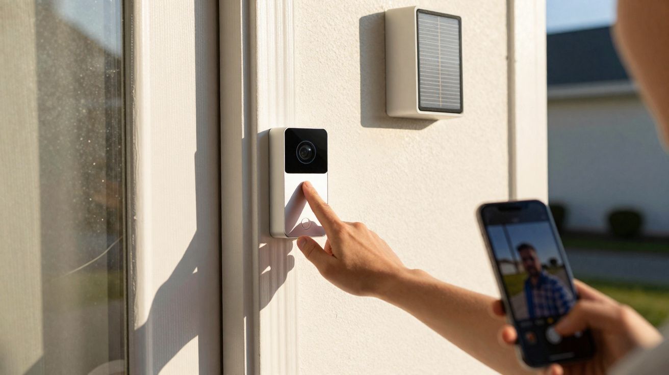 Hand pressing doorbell camera button outside a house, other hand holding phone with visitor image on screen.