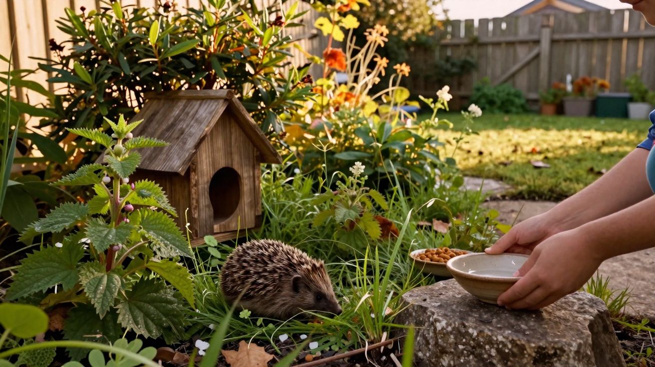 A hedgehog in a garden near a wooden house, with a person offering food in bowls on a stone.