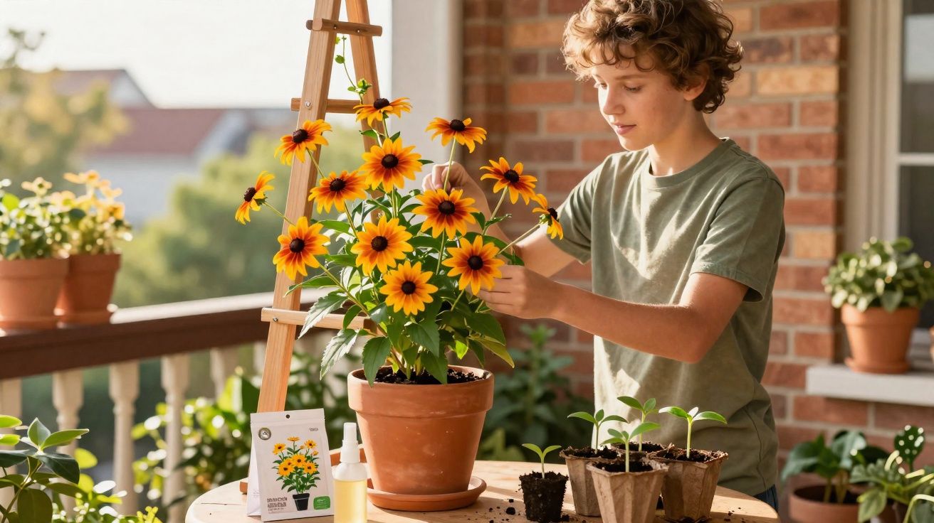 Young boy tending to sunflowers on a porch table with seedlings and gardening supplies nearby