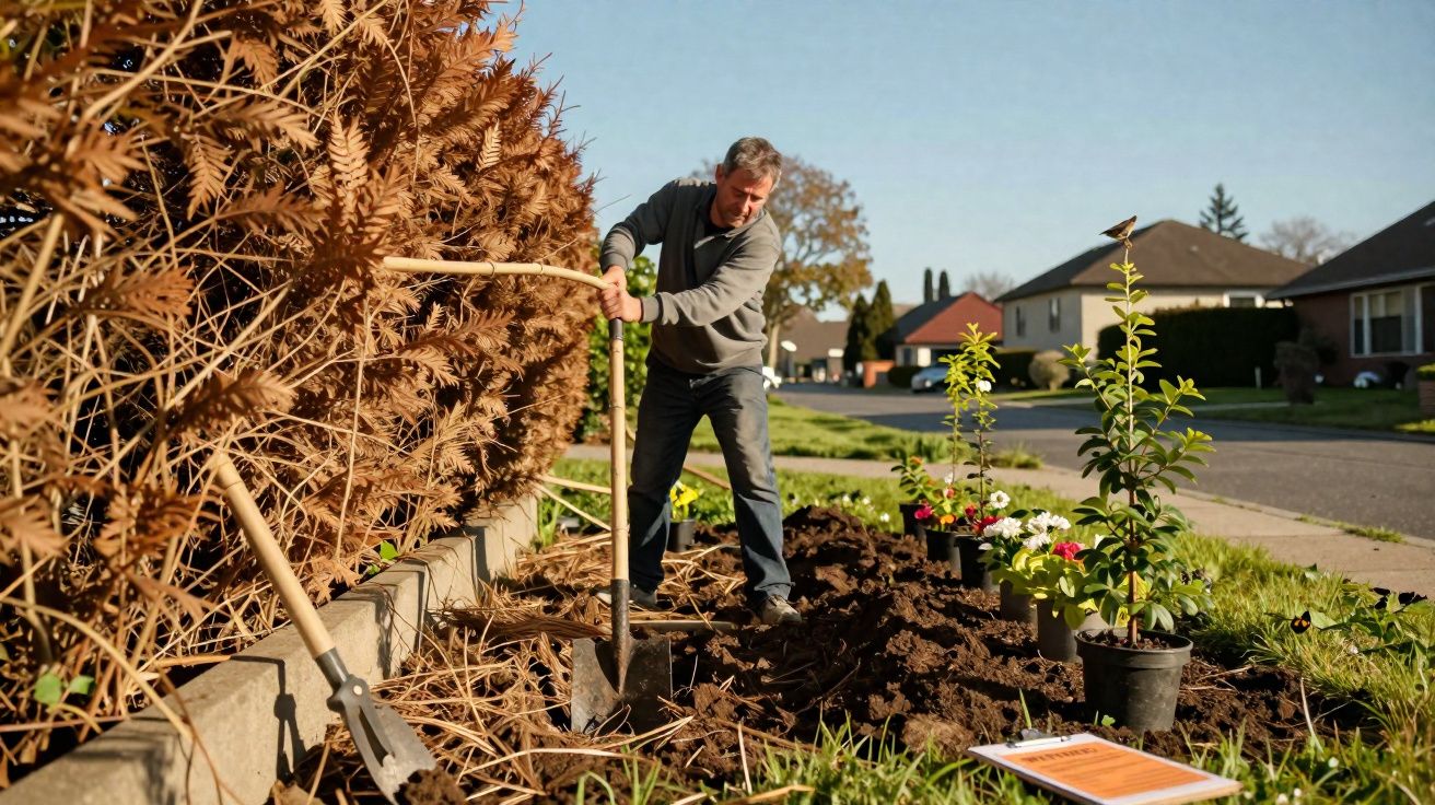 Man digging a hole in a garden beside a row of dead bushes and potted plants on a suburban street.