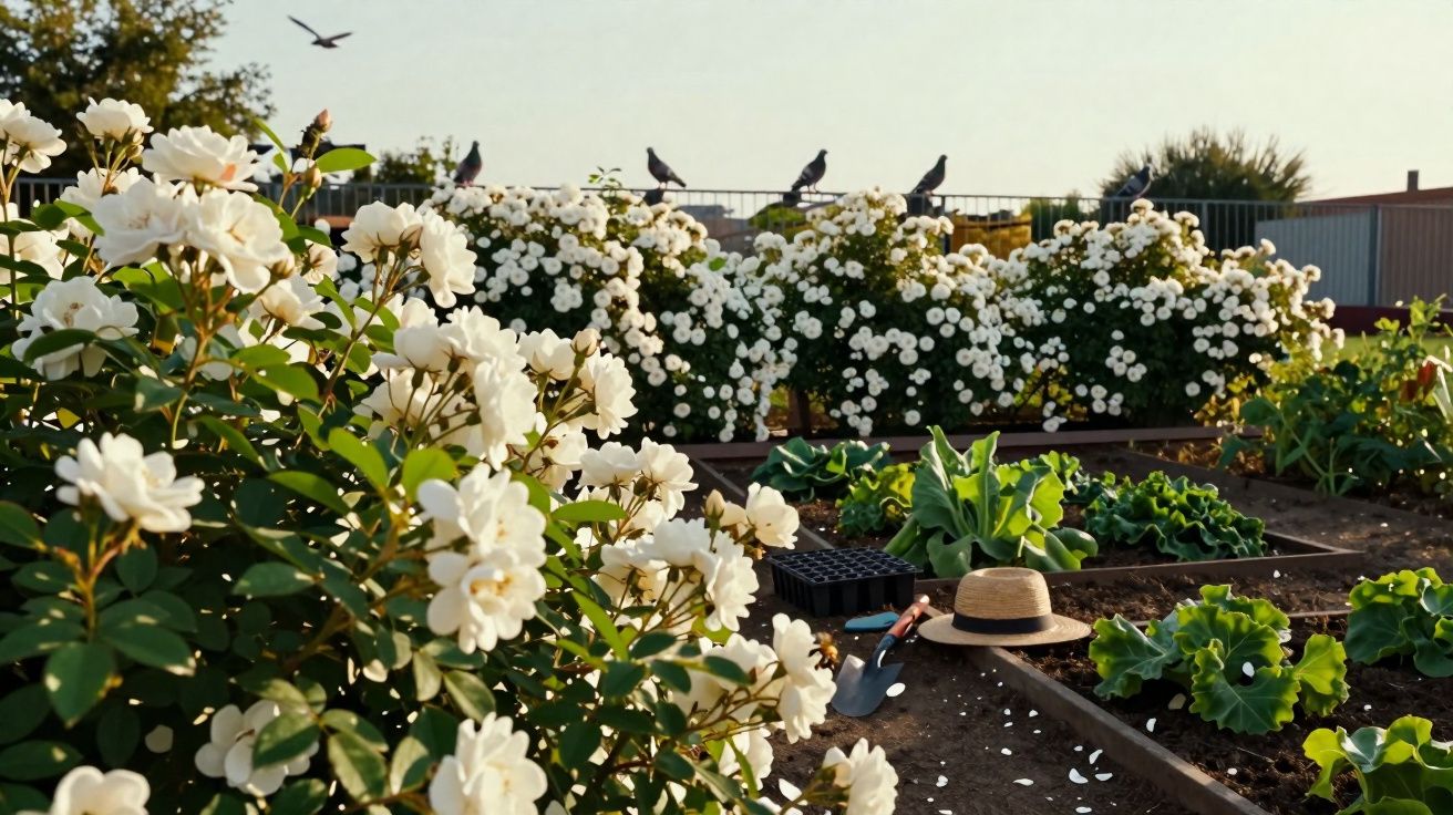 White roses blooming in a garden with green plants, gardening tools, a hat, and birds perched on a fence.