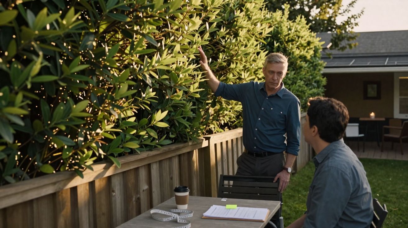 Two men discussing plants next to a wooden fence with documents and a tape measure on the table.