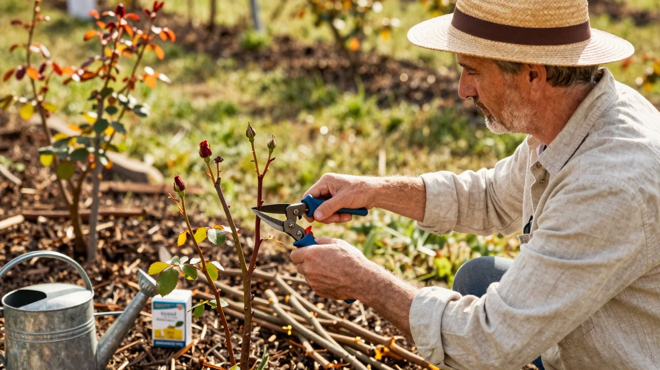 Man wearing a straw hat pruning rose stems with garden shears in a sunny garden beside a watering can.