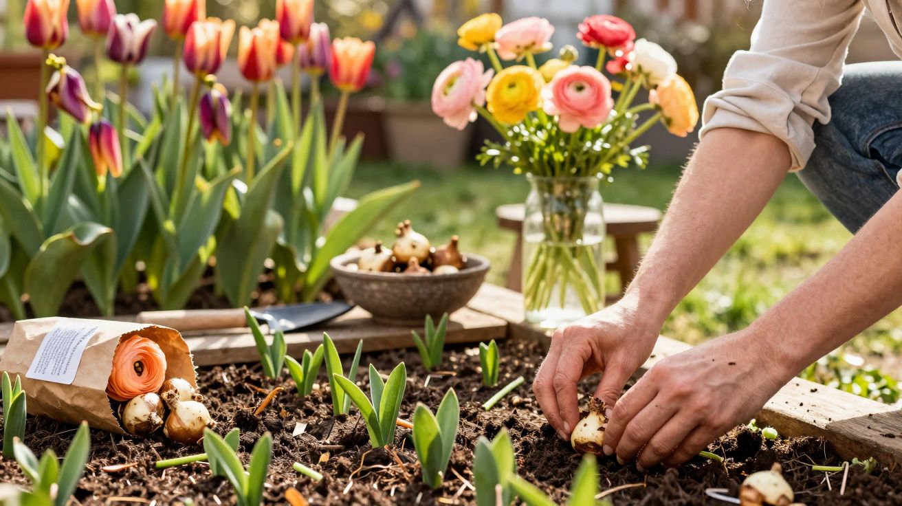 Person planting flower bulbs in garden bed with tulips and a vase of flowers in the background