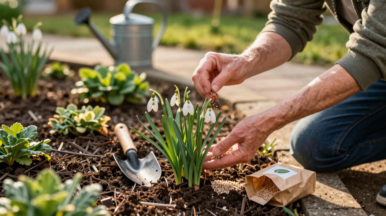 Person planting white snowdrop flowers in garden soil with gardening tools and seed packet nearby.