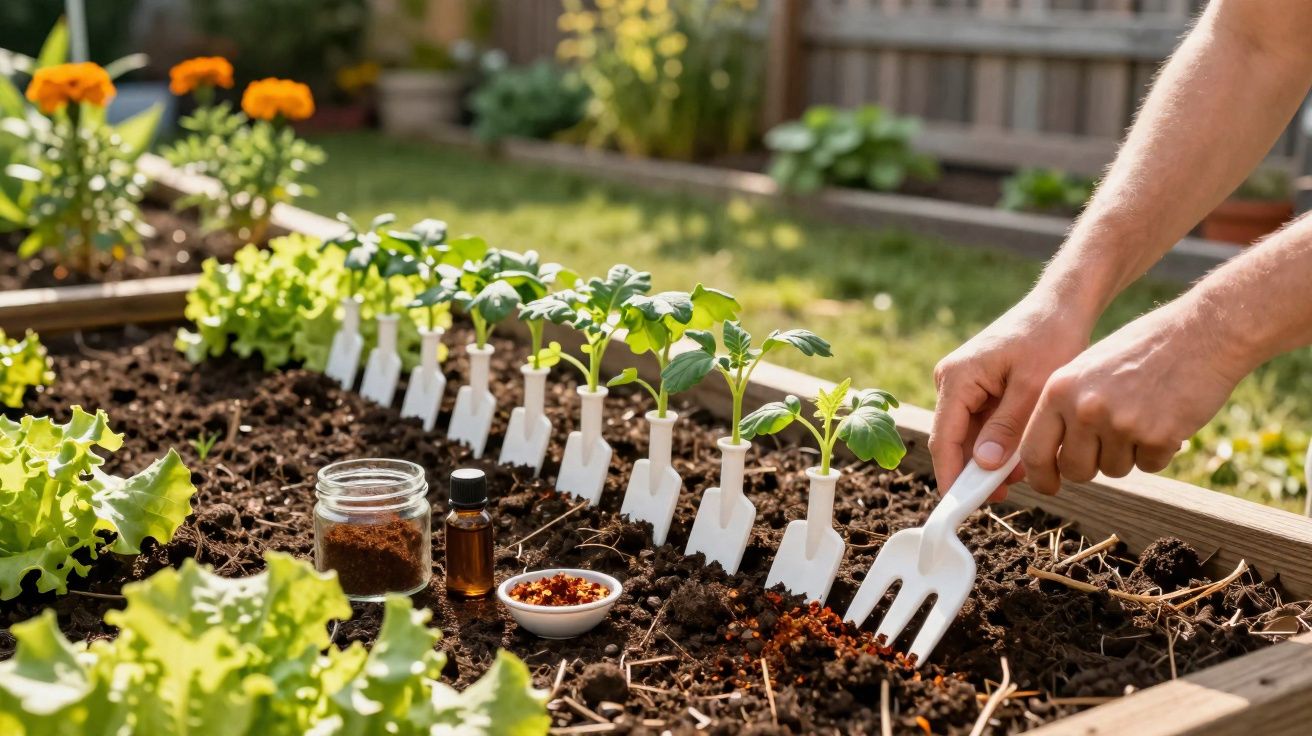 Hands using a hand fork to plant seeds in a raised garden bed with young seedlings and gardening supplies.