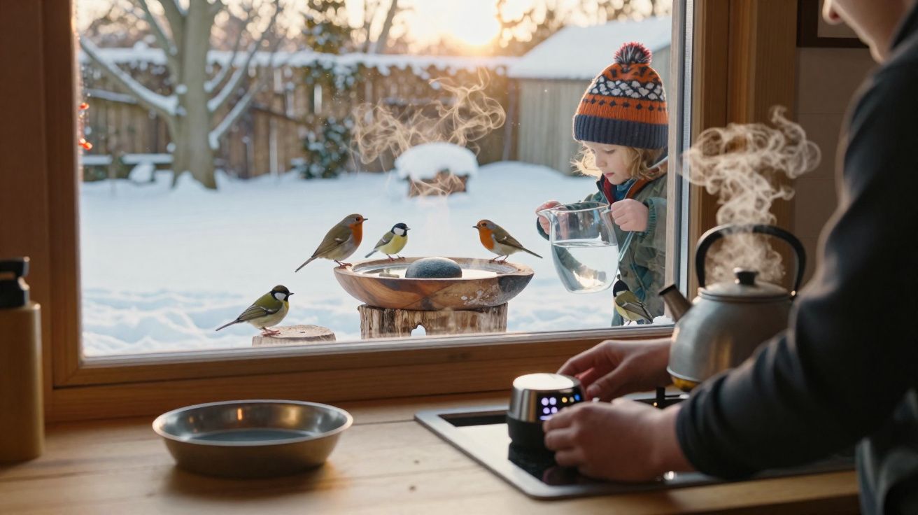 Child wearing a winter hat fills bird bath outside snowy window with birds perched around it.
