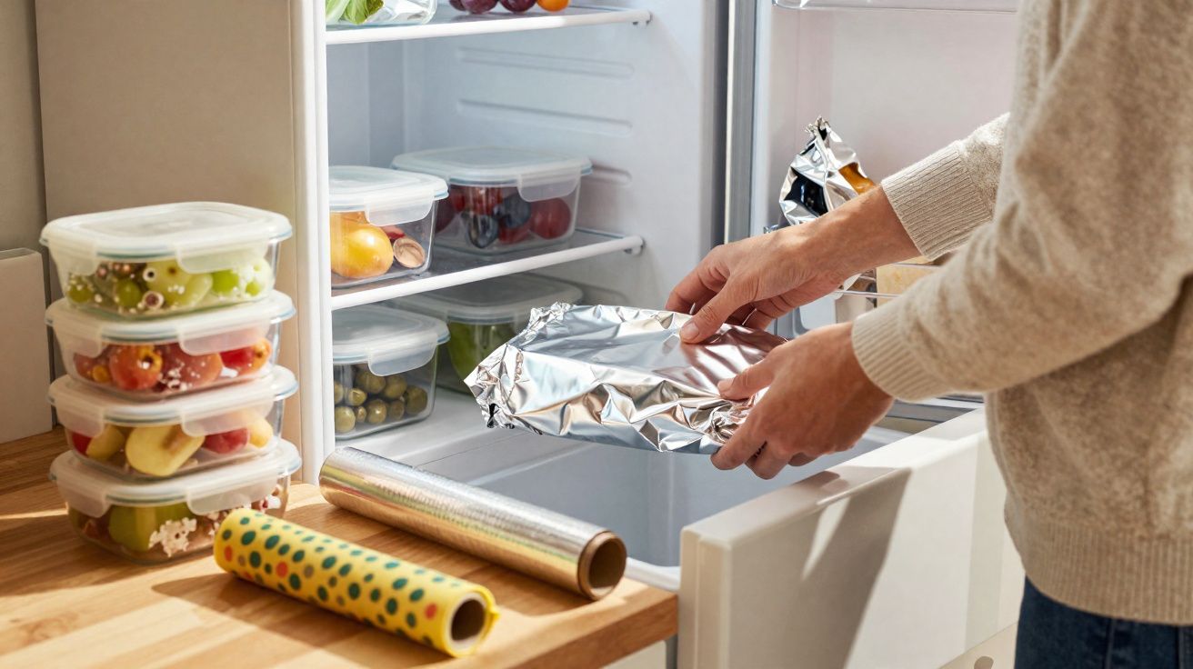 Person placing a foil-wrapped dish into a fridge with stacked plastic containers of fruit nearby.