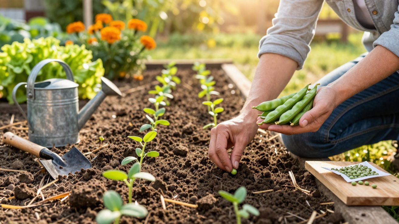 Person planting pea seeds in soil in a garden with a watering can and trowel nearby in daylight.