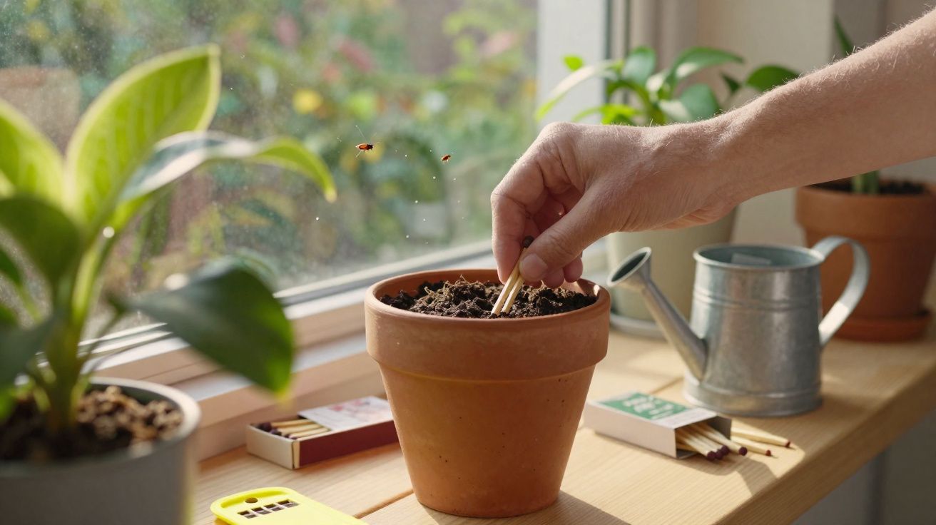 Hand placing a matchstick into soil in a terracotta pot on a window sill with plants and a watering can nearby.
