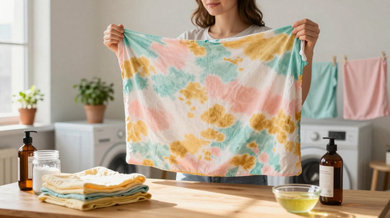 Person holding up a colourful tie-dye fabric cloth in a bright laundry room with plants and washing machines.
