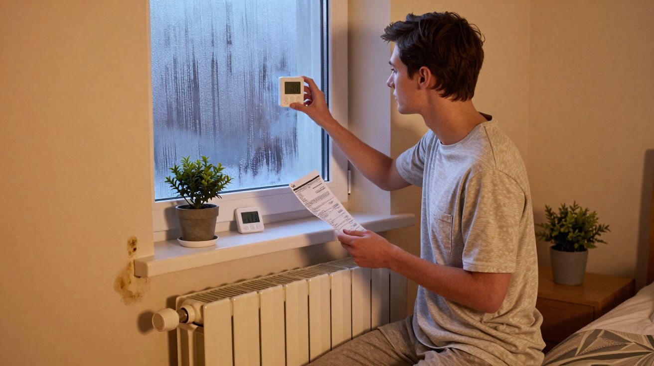A man in grey pajamas adjusts a thermostat by a foggy window above a radiator in a bedroom.
