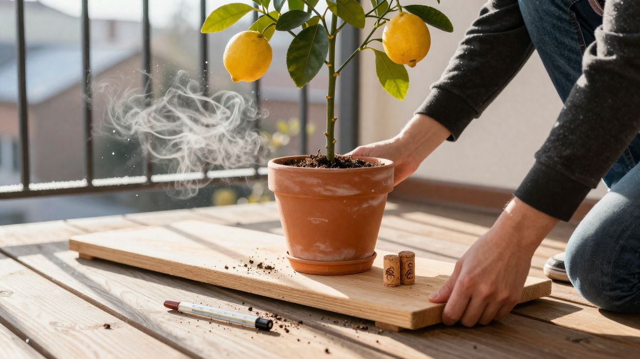 Person placing a potted lemon tree on a wooden board, with a thermometer and corks nearby on a sunlit deck.