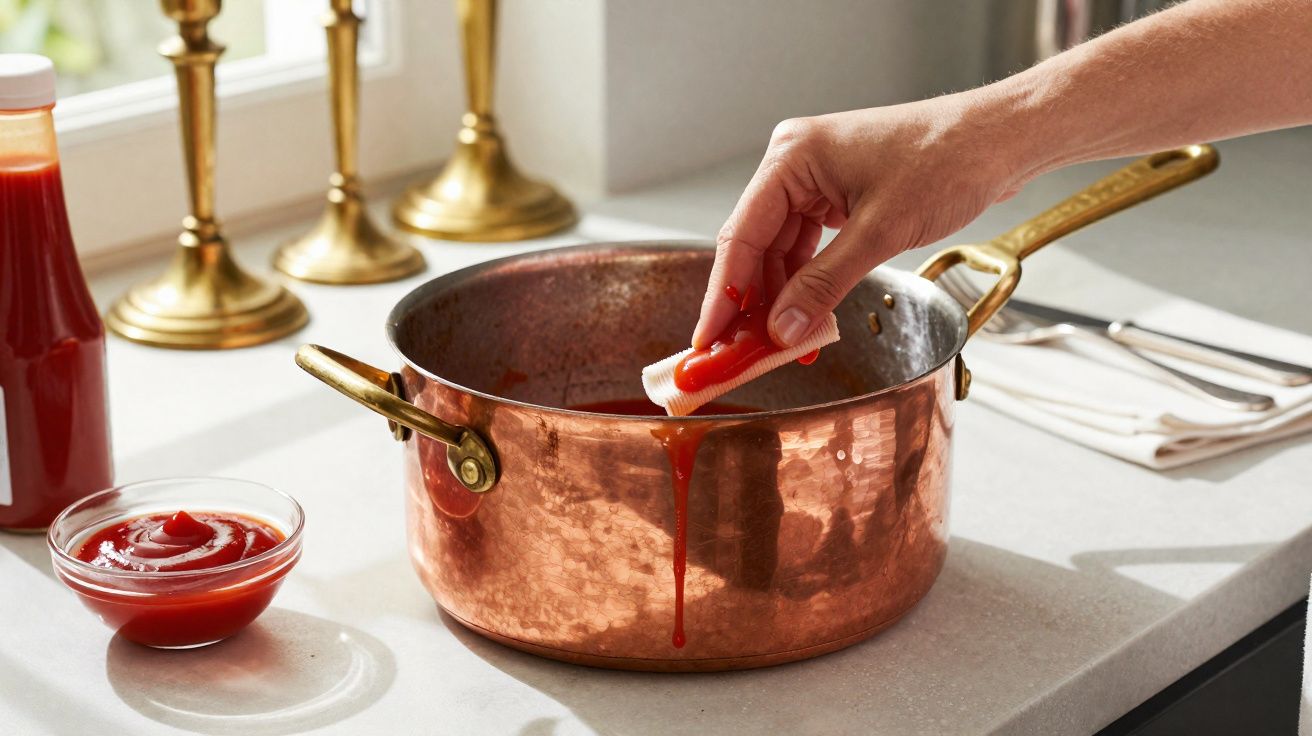Hand dipping a finger with ketchup into a copper cooking pot on a kitchen countertop.