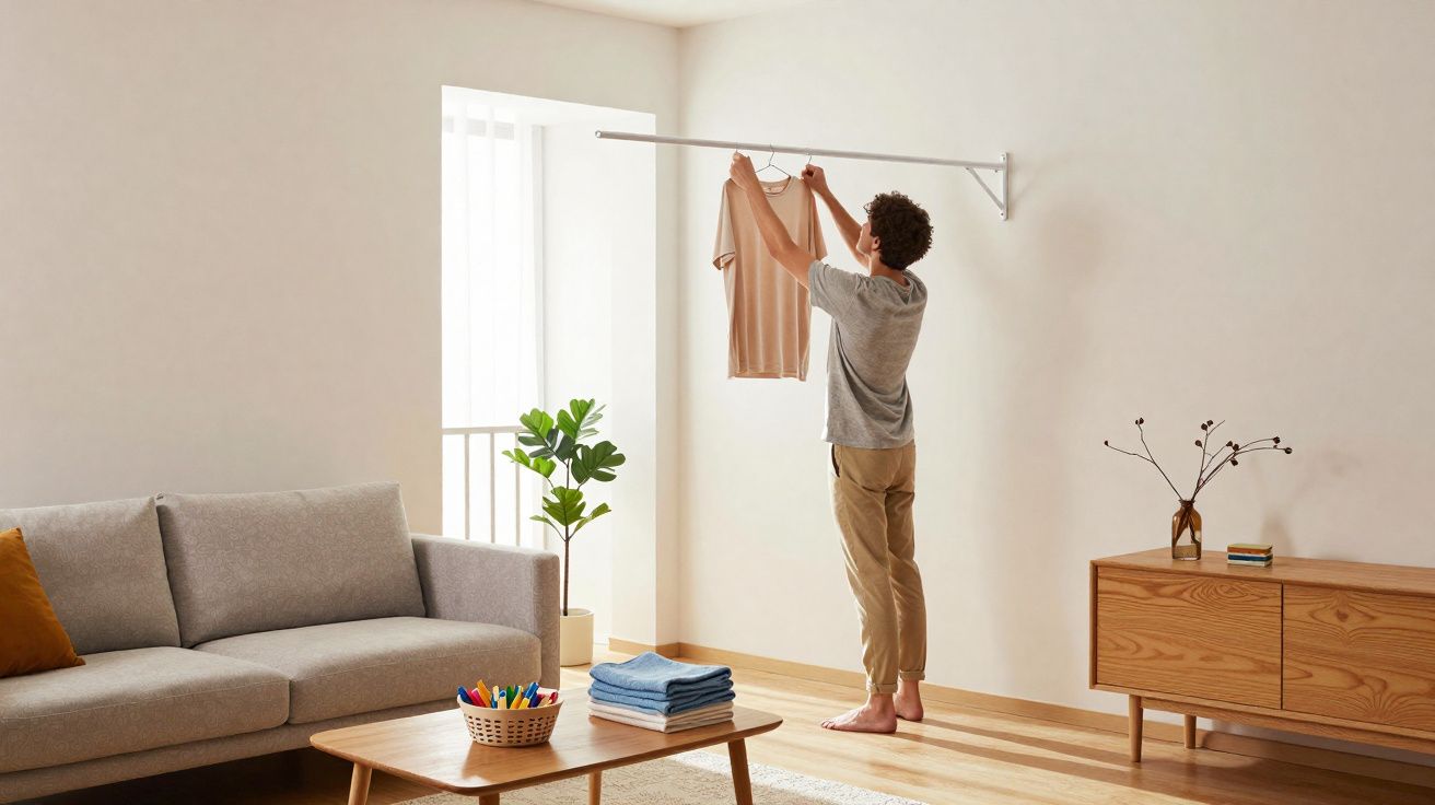 Person hanging a beige shirt on a wall-mounted drying rack in a bright, minimal living room.
