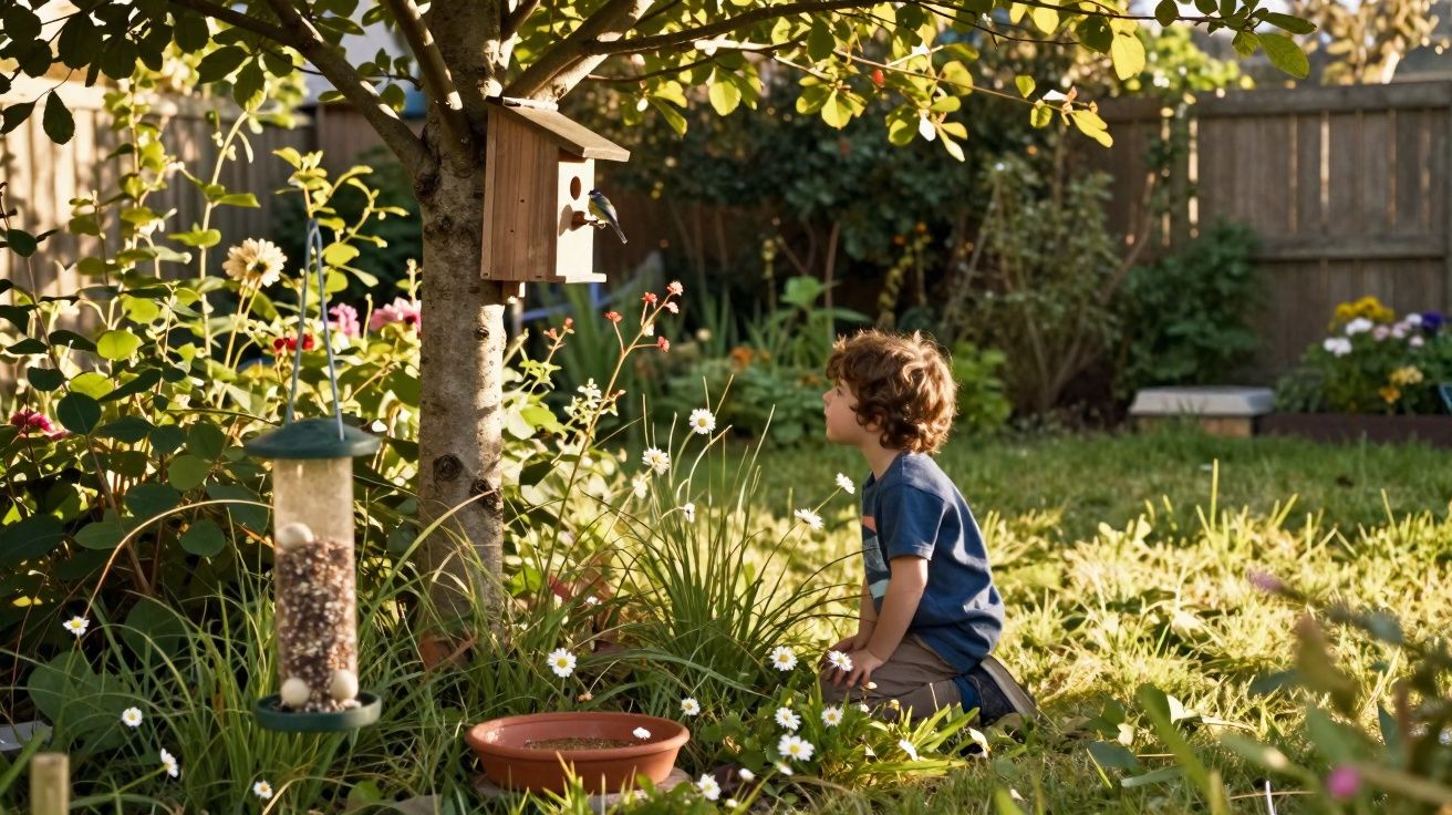 Young boy kneeling in garden looking at a wooden birdhouse hanging on a tree on a sunny day.