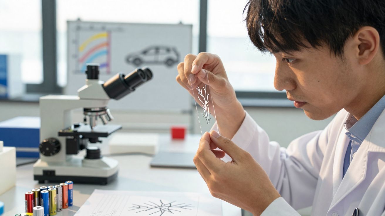 Scientist in a lab coat examining a plant sample with a microscope and batteries on the table.