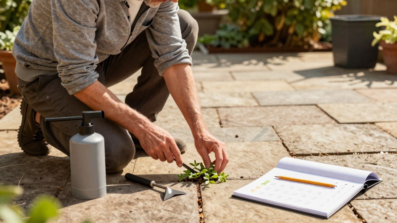 Person removing weeds from patio cracks with gardening tools and a calendar nearby on a sunny day.