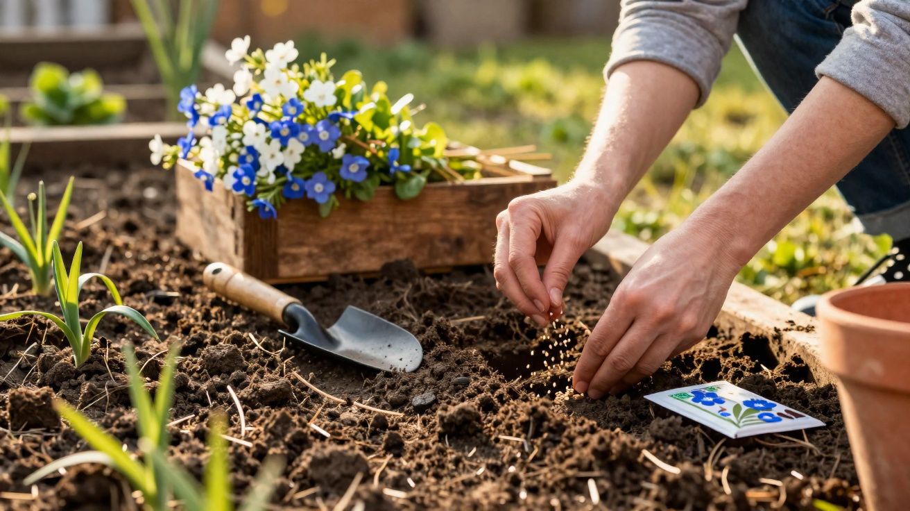 Hands sowing seeds in a garden bed near a trowel and a wooden box of white and blue flowers.