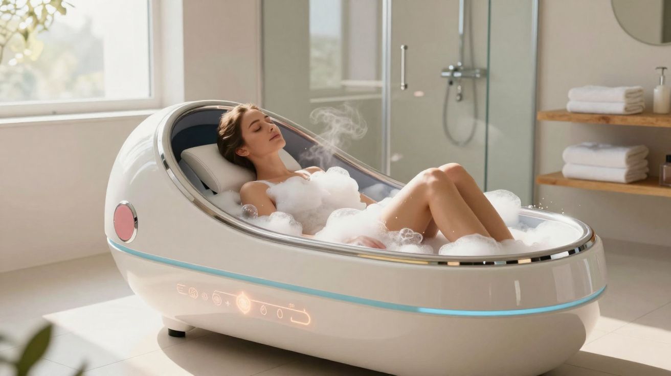 Woman relaxing in a modern, high-tech steam bath pod filled with bubbles in a bright bathroom.