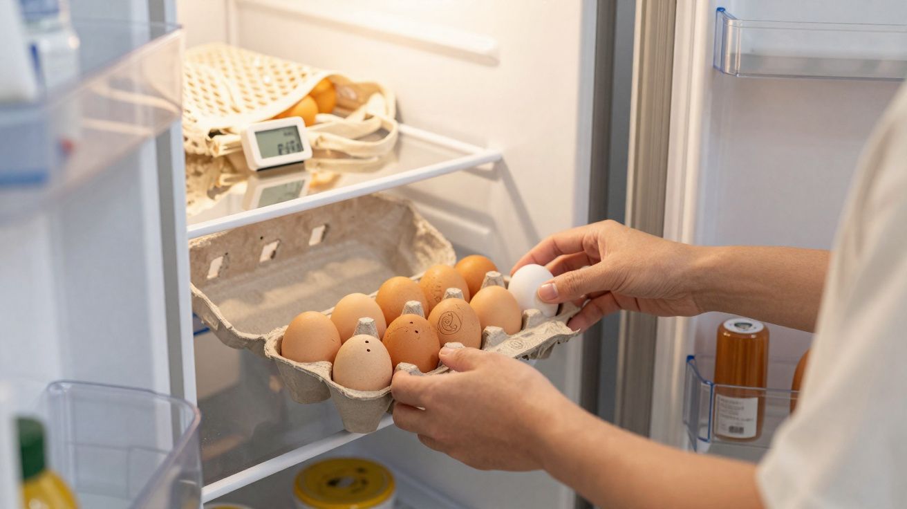Person placing a white egg into a carton of brown eggs inside a refrigerator.