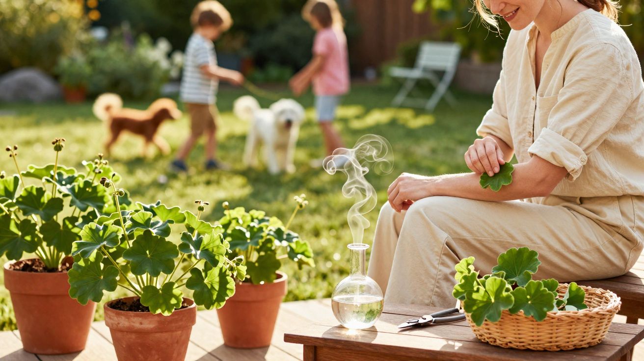 Woman sitting on a wooden deck surrounded by potted plants, holding a leaf, with children and dogs playing in the garden.