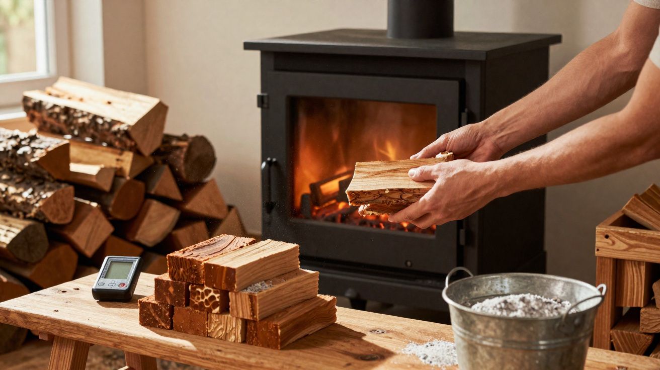 Person placing firewood into a burning wood stove with stacked logs and a metal bucket of ashes nearby.