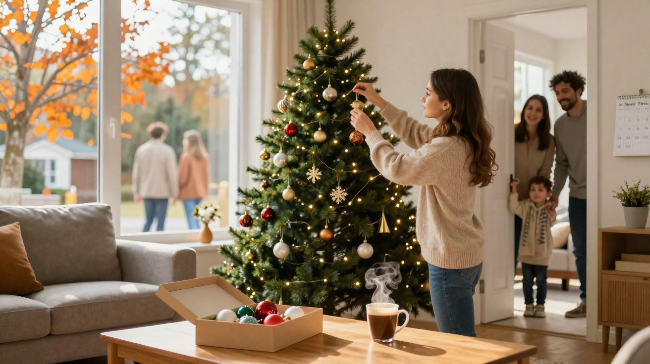Woman decorating Christmas tree with family watching in cozy living room with autumnal view outside window