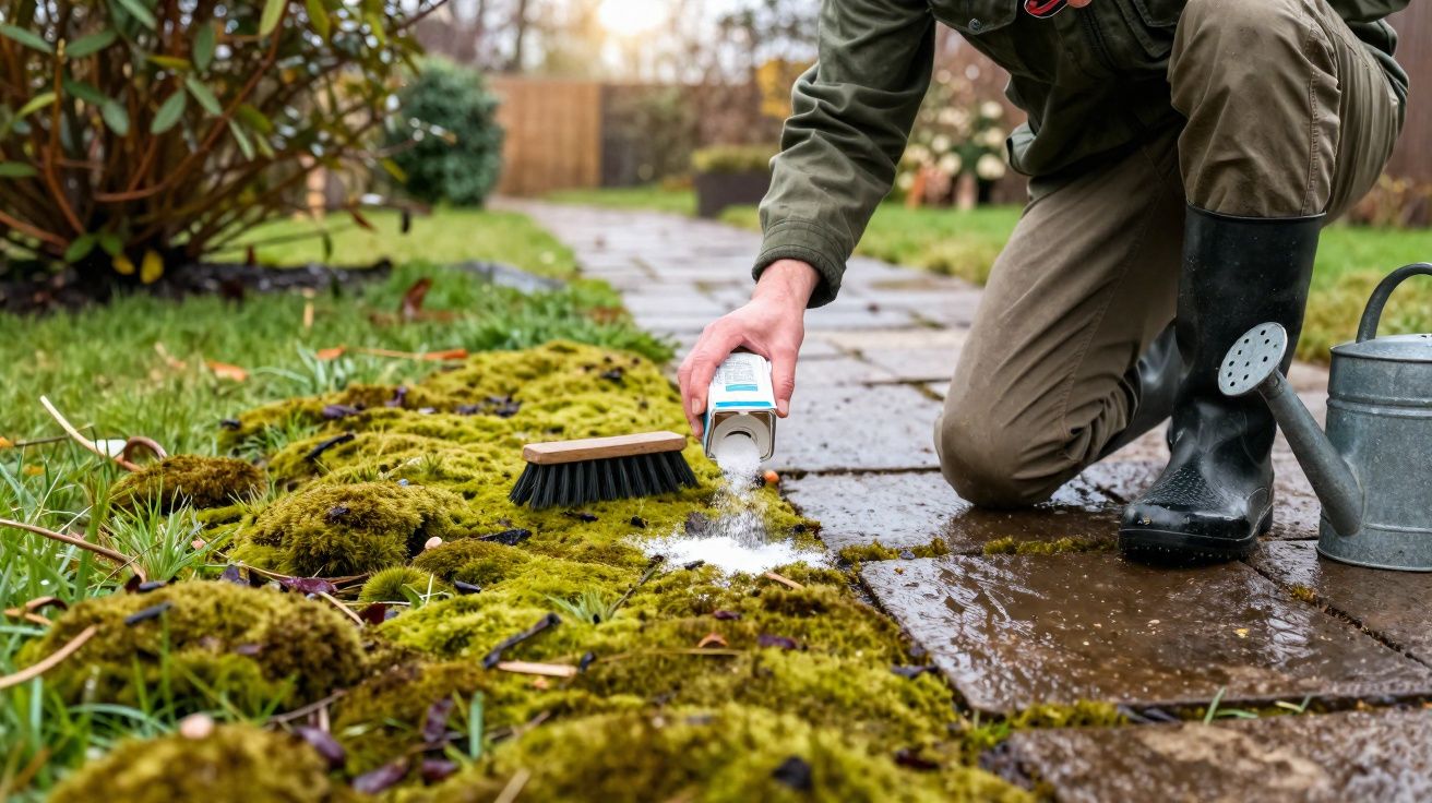 Person sprinkling powdered moss remover on moss-covered garden path next to a watering can and brush.