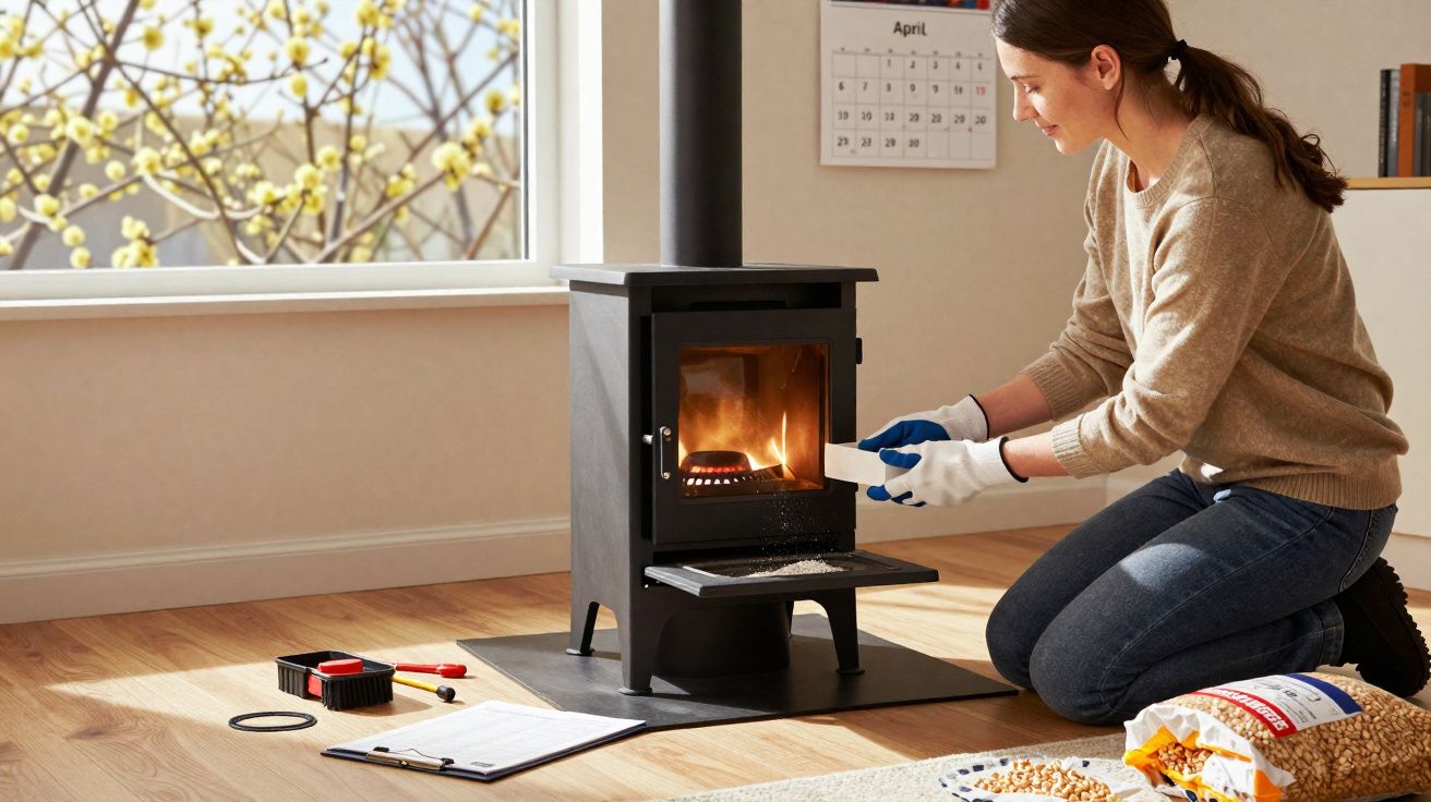 Woman wearing gloves stoking a wood-burning stove inside a bright room with spring blossoms outside.