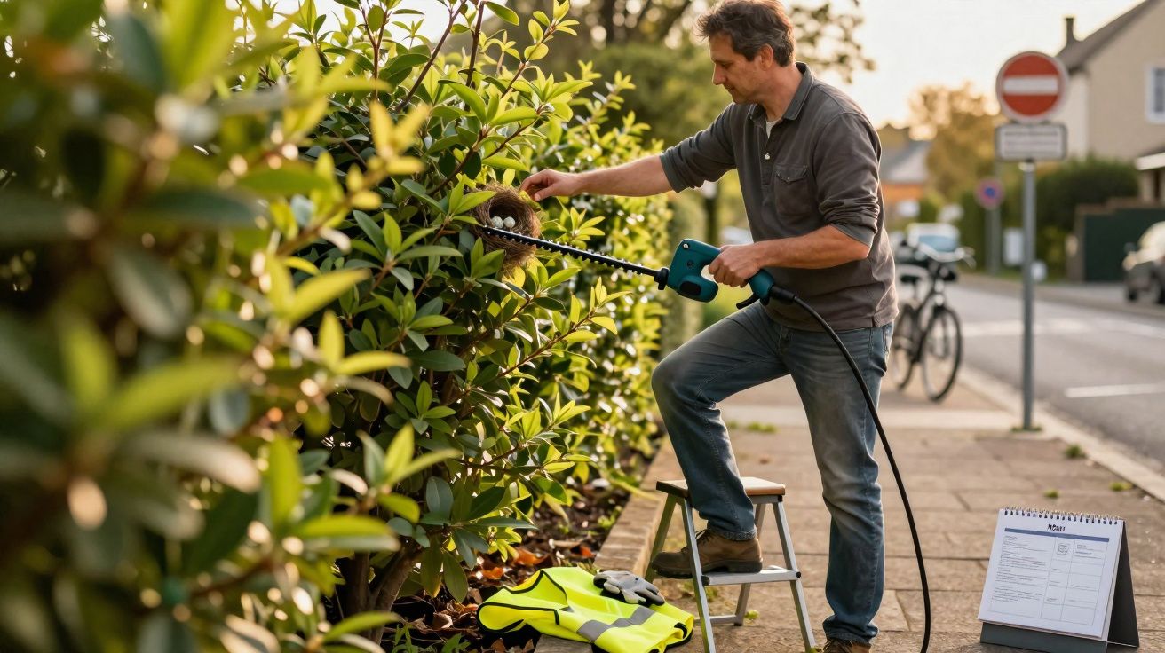 Man trimming a hedge with an electric hedge trimmer on a suburban sidewalk during sunset.