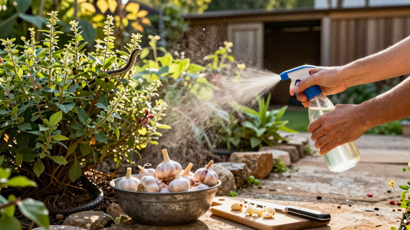 Person spraying plants with a spray bottle, a snake on the plant and garlic bulbs nearby in a garden.