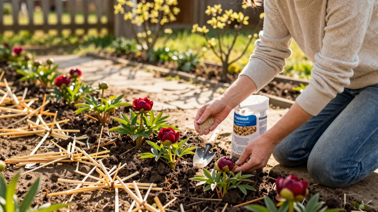 Person kneeling in a garden planting red flowers and adding fertiliser in daylight.