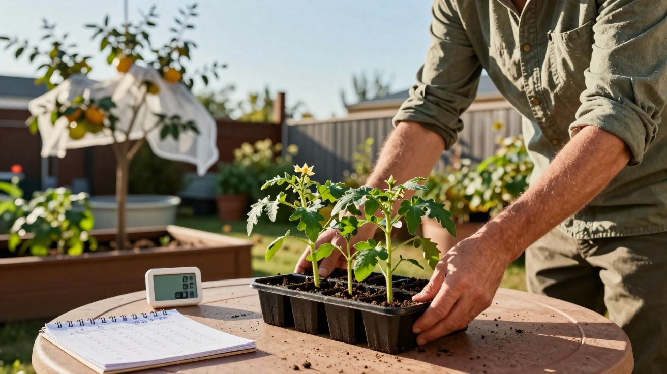 Person planting tomato seedlings on a table in a garden with a notebook and timer nearby.