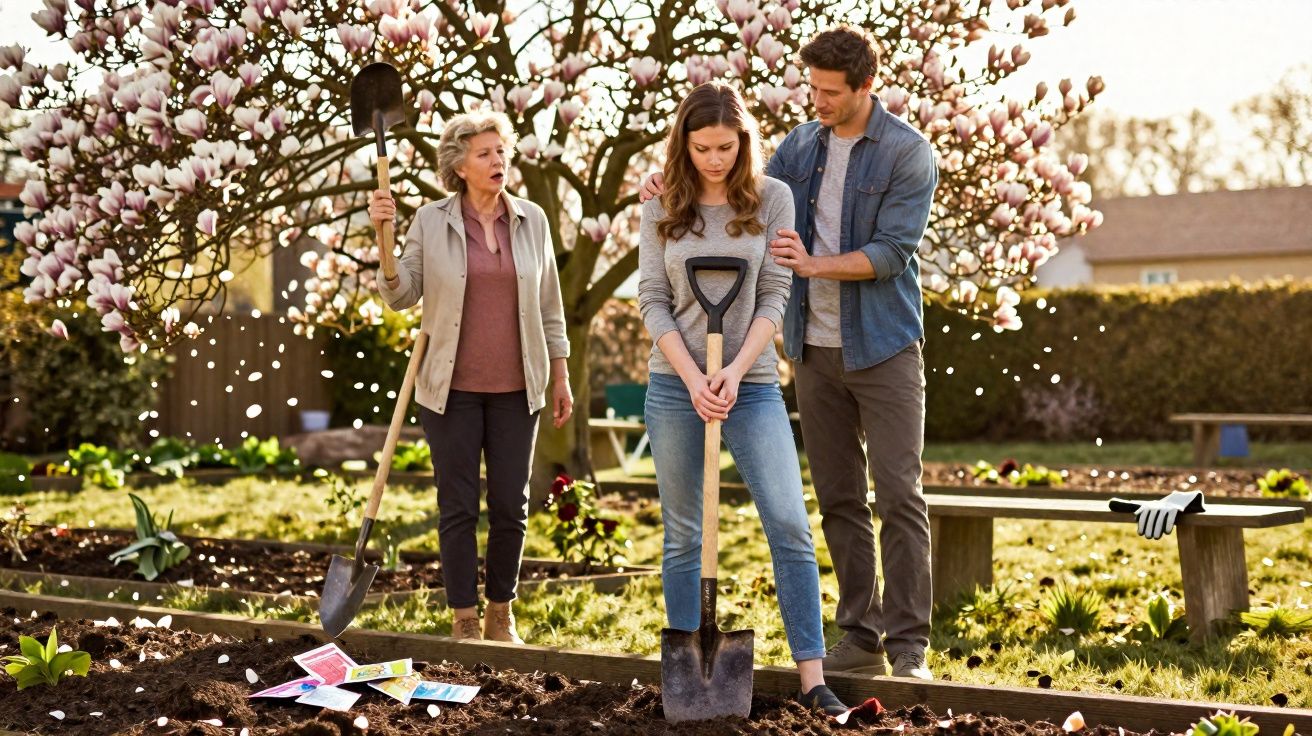 Three people in a garden with a shovel, flowers blooming on a tree and seed packets on the soil.
